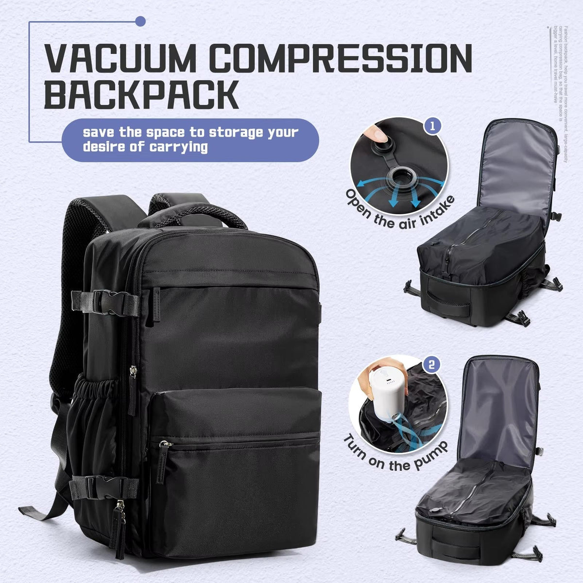 Compression Travel Backpack with Vacuum Pump 42x28x15cm Waterproof Oxford Laptop Compartment 17 inch Black Beige Gray | Sansoti