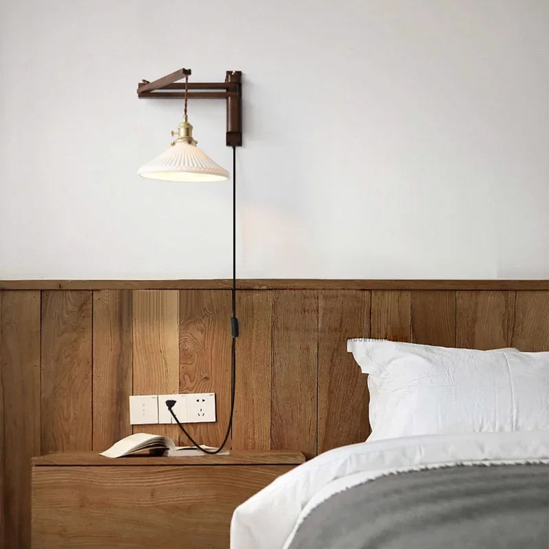 Adjustable Wooden Wall Lamp with Ceramic Shade – Rustic Style with Push Button Switch | Sansoti