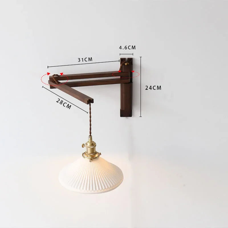 Adjustable Wooden Wall Lamp with Ceramic Shade – Rustic Style with Push Button Switch | Sansoti