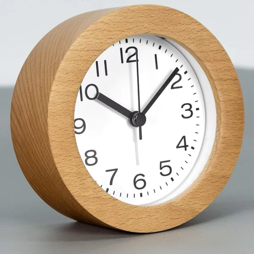 Silent Beechwood Alarm Clock with LED Night Light Analog Quartz with Snooze Function | Sansoti