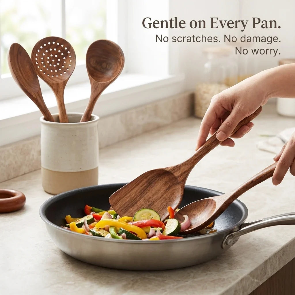 7-Piece Wooden Kitchen Utensil Set Teak Wood Naturally Finished Heat-Resistant Non-Stick Cookware Kitchen Tools | Sansoti