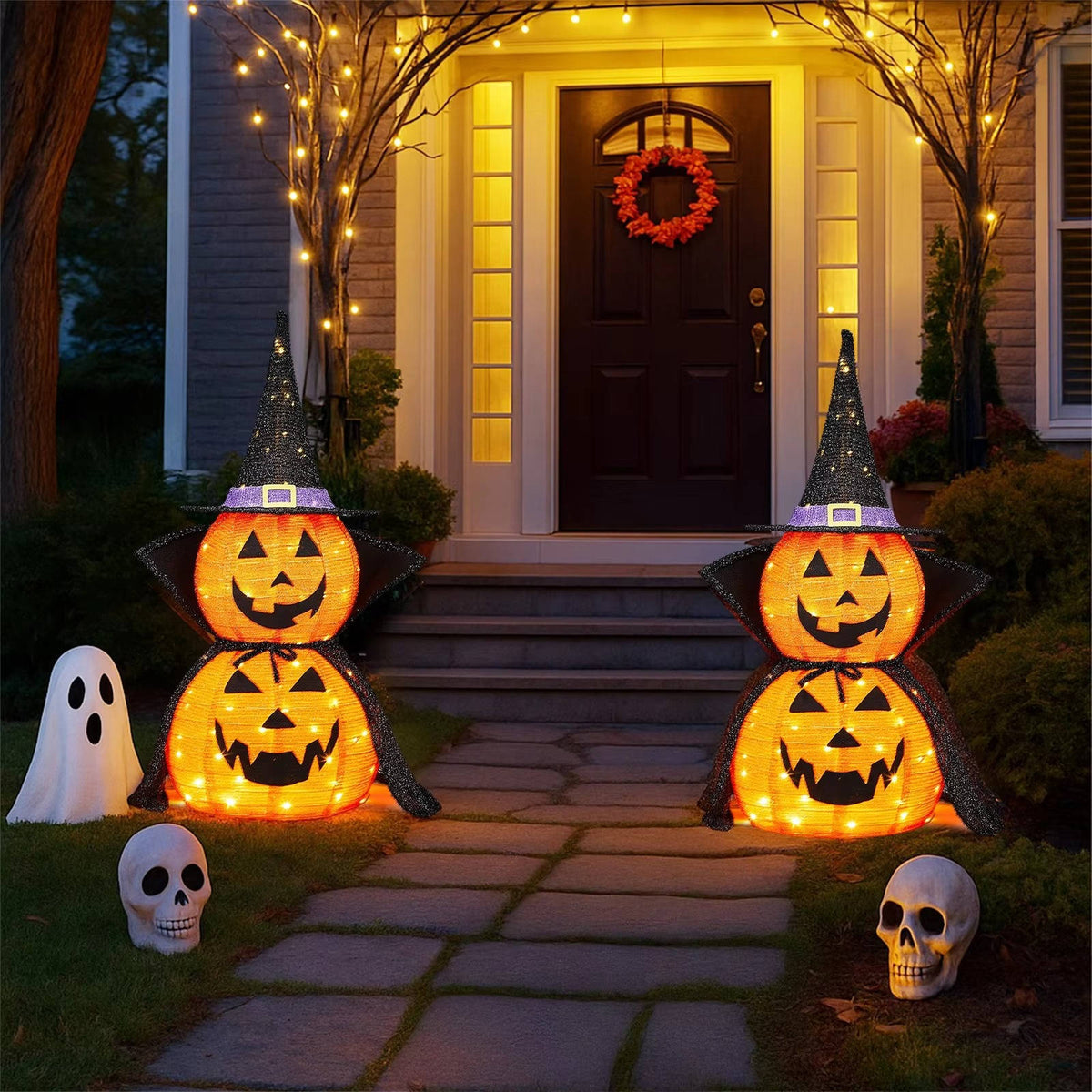 Foldable Illuminated Pumpkins 90cm Halloween Garden Decoration Set of 2 with LED Lighting Indoor Outdoor | Sansoti