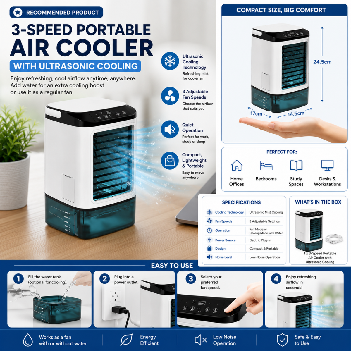 Portable Air Cooler with Ultrasonic Technology and 3 Speeds for Optimal Cooling | Sansoti