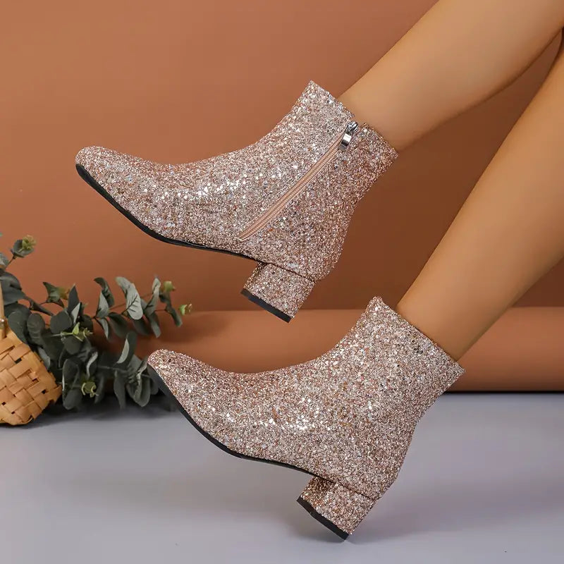 Glitterlaarsjes met Hak Dames Metallic Feestschoenen Avondlaarzen Sprankelend Elegant Comfortabel Gala | Sansoti