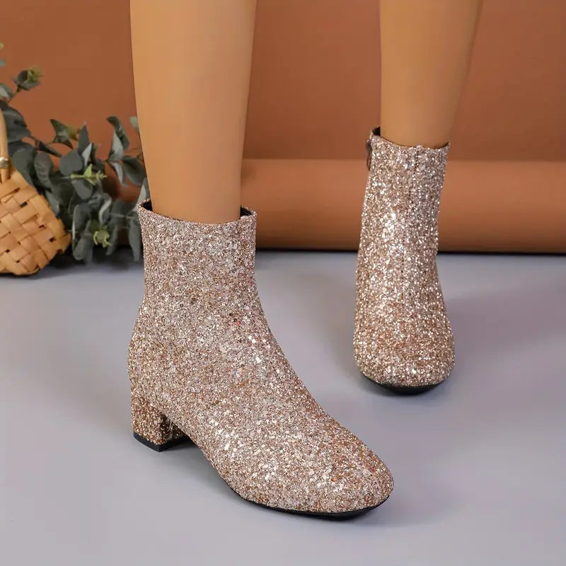 Glitterlaarsjes met Hak Dames Metallic Feestschoenen Avondlaarzen Sprankelend Elegant Comfortabel Gala | Sansoti