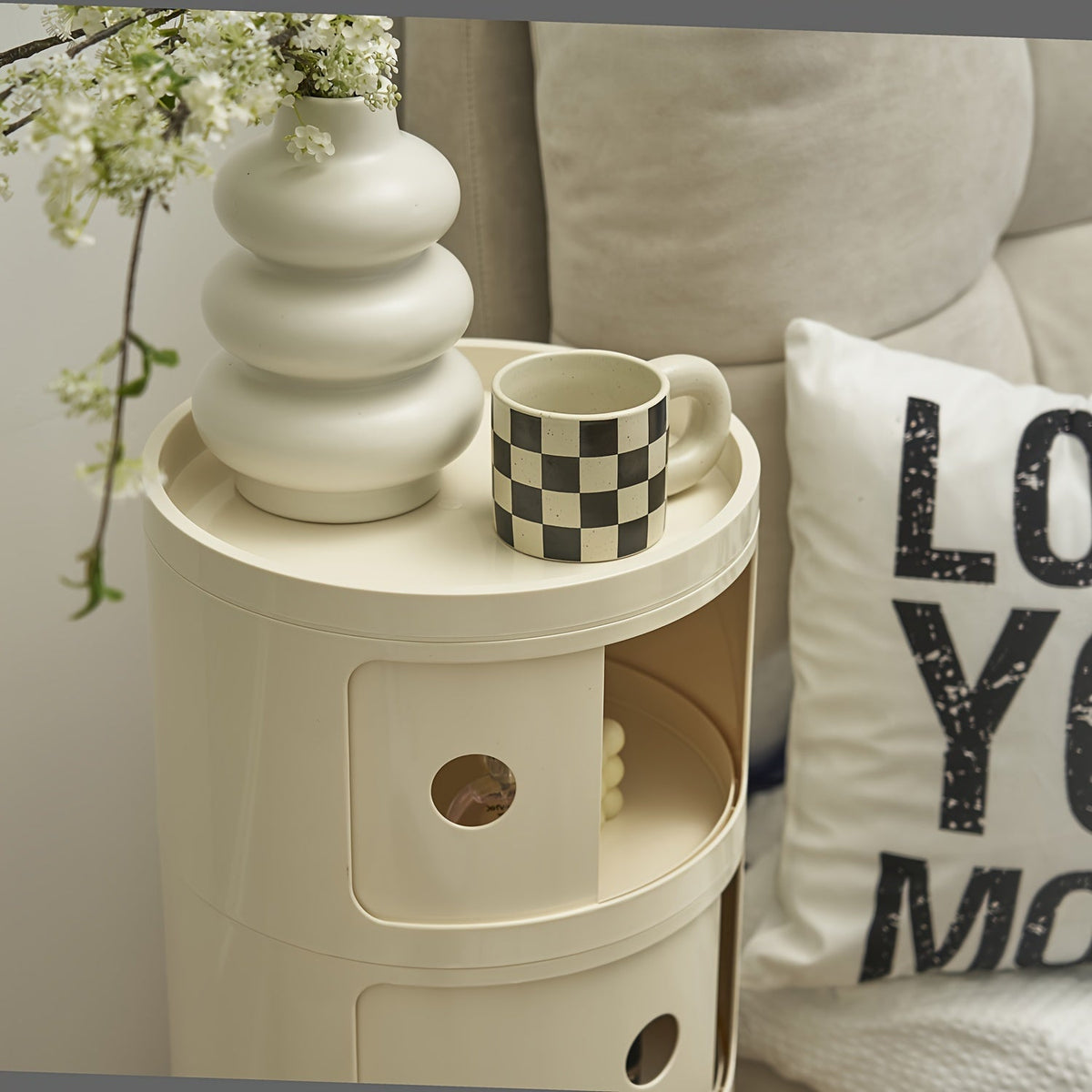 Round Multi-Tier Storage Cabinet White Bedside Table Plastic Stackable Modular Small Cabinet Bedroom Side Table | Sansoti