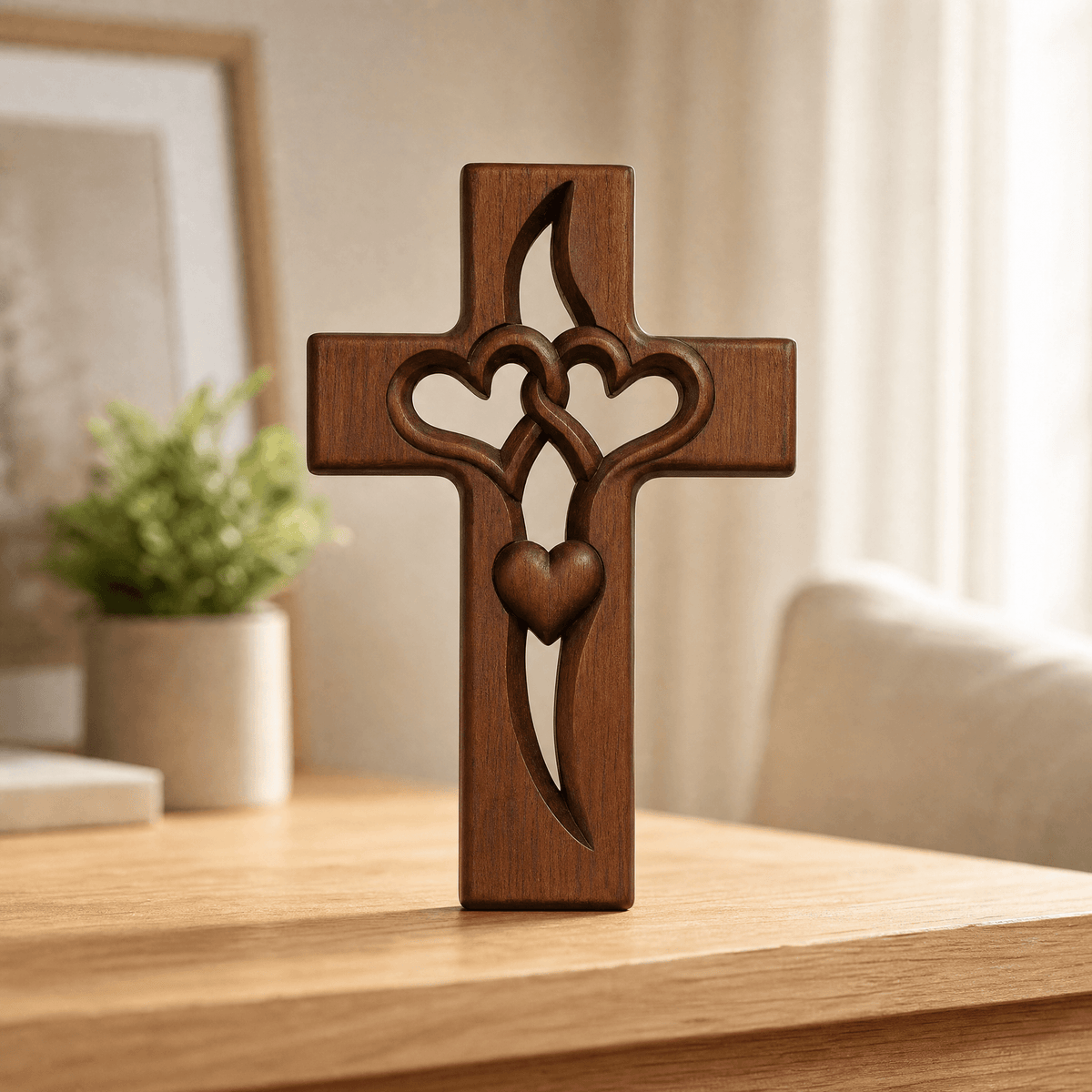 Heart-Shaped Cross Wall Decoration Wood – Handmade Religious Wall Ornament with Intertwined Hearts – Faith & Love Symbol for Entrance, Bedroom, Living Room | Sansoti