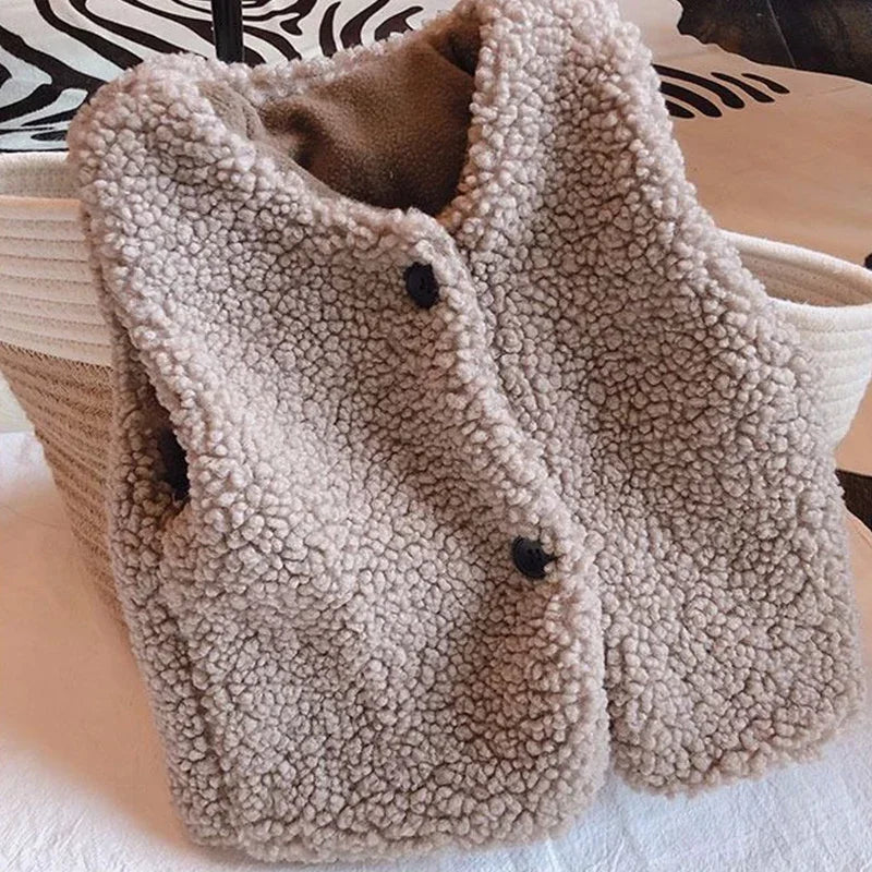 Plüsch-Kinderweste Teddy-Kunstpelz V-Ausschnitt 1-6 Jahre Jungen Mädchen Herbst Winter Oberbekleidung | Sansoti