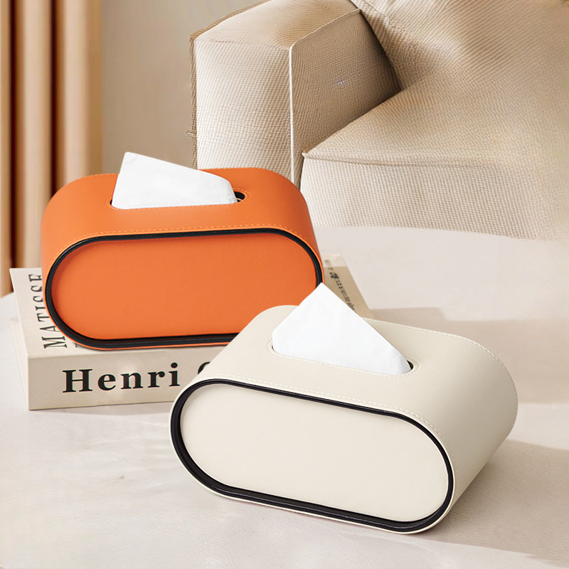 Oval Leather Tissue Box 22cm Orange Desk Living Room Tissue Holder Luxury Decorative Modern Interior | Sansoti