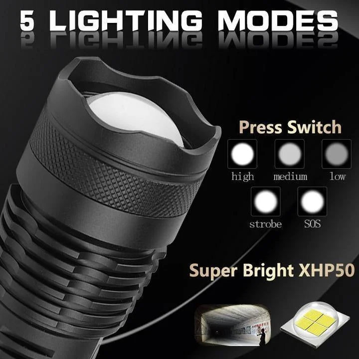 Lampe torche LED rechargeable de 90 000 lumens, télescopique, USB, en aluminium, étanche, pour l’extérieur, le camping et la chasse | Sansoti