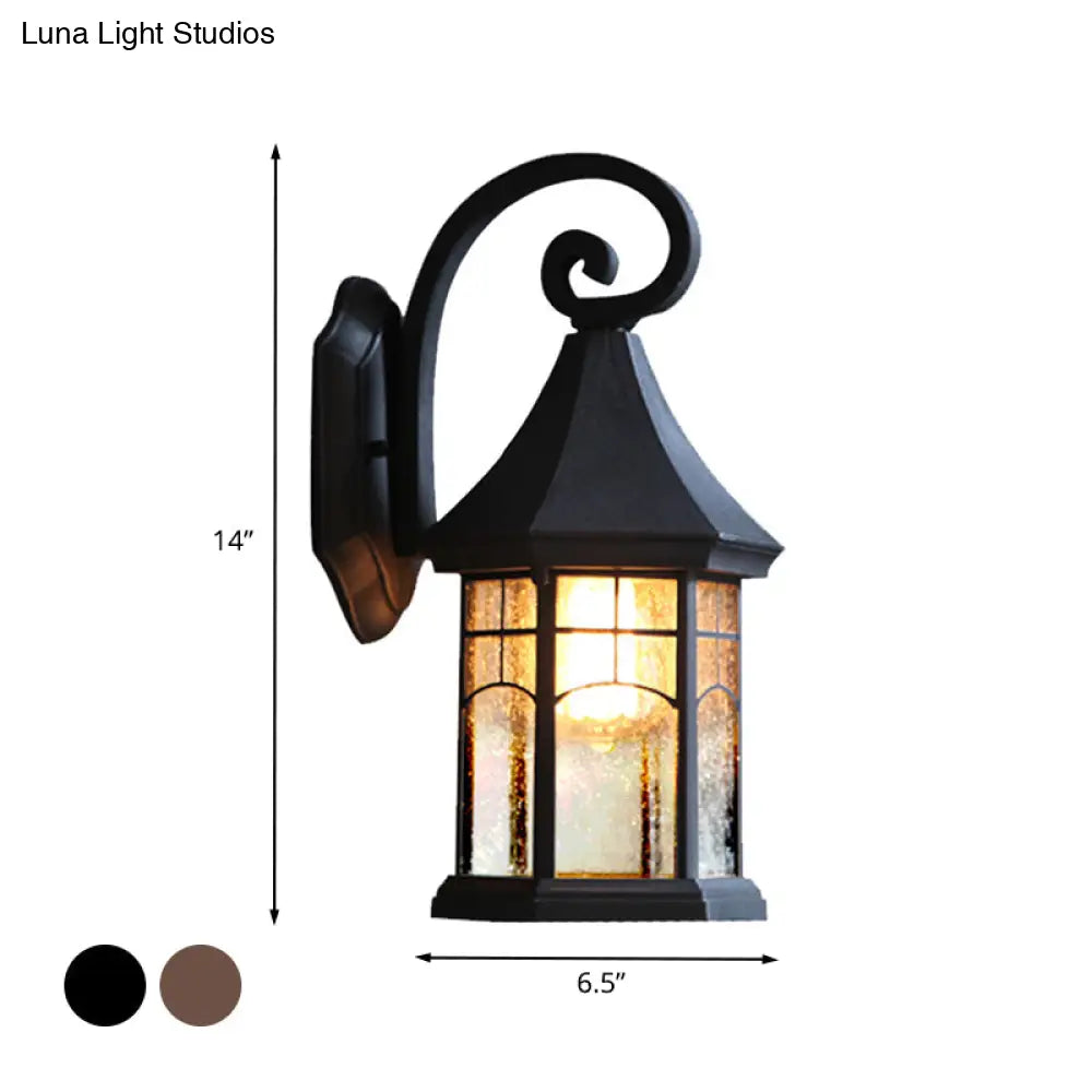 Schwarze und bronzefarbene Außenwandleuchte mit strukturiertem Glas im Laternenstil, klassische LED-Gartenbeleuchtung, E27, Außenbereich | Sansoti