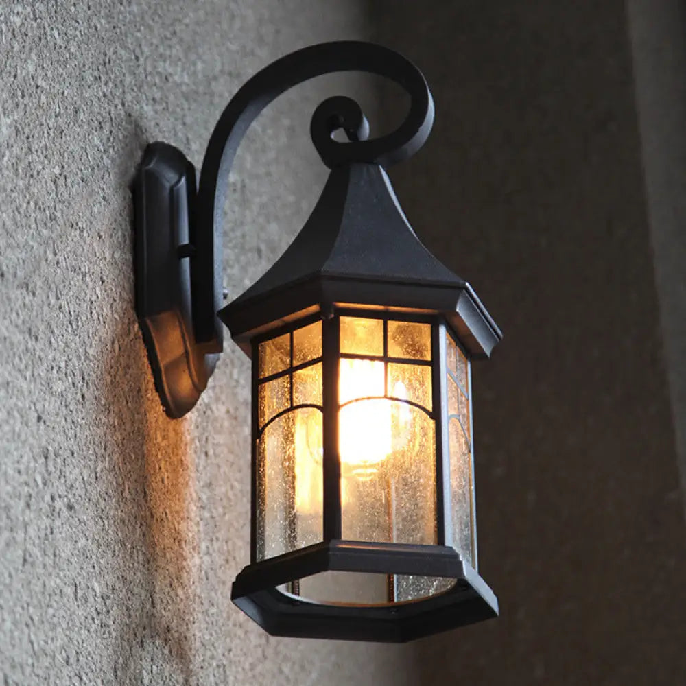 Schwarze und bronzefarbene Außenwandleuchte mit strukturiertem Glas im Laternenstil, klassische LED-Gartenbeleuchtung, E27, Außenbereich | Sansoti