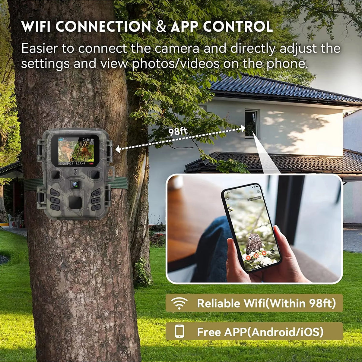 Wildkamera mit WLAN-Streaming, 20MP, 1080P, Nachtsicht, Bewegungserkennung, wasserdicht nach IP65, Naturbeobachtung | Sansoti