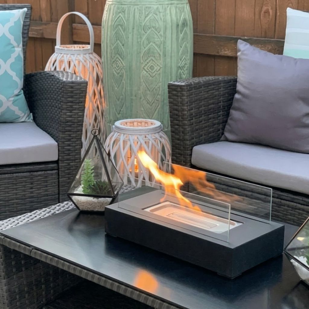 Rectangular Tabletop Fire Pit Tempered Glass Bioethanol Ambient Heating Indoor Outdoor Portable Modern Design | Sansoti