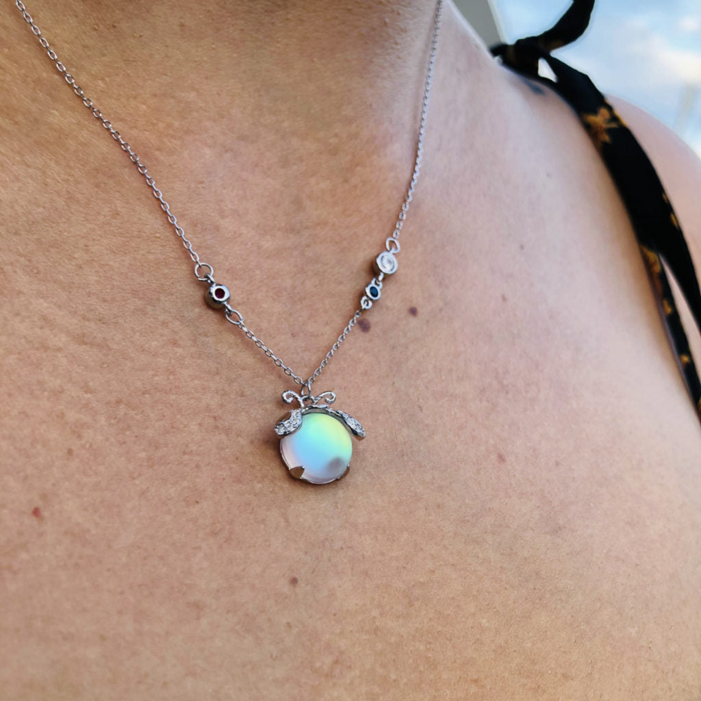 Glowing Moonstone Necklace with Firefly Motif Silver-Plated Pendant | Sansoti