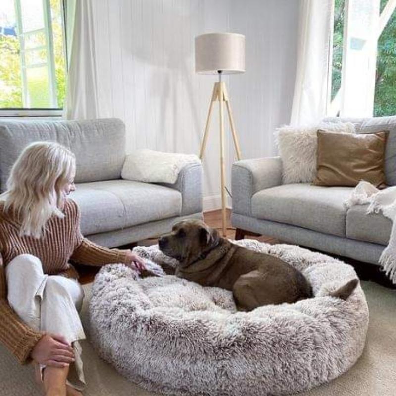Round Dog Bed Soft Plush Donut Anti-Stress Lounger Pet Resting Sleeping Place Anxiety Reduction Comfort | Sansoti