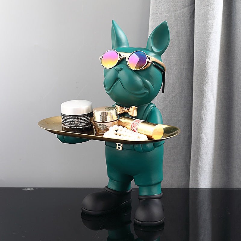 Franse Bulldog Butler Decoratief Beeld Staand Zwart Groen Hars Woonkamer Decoratieve Hondenfiguur Interieur | Sansoti