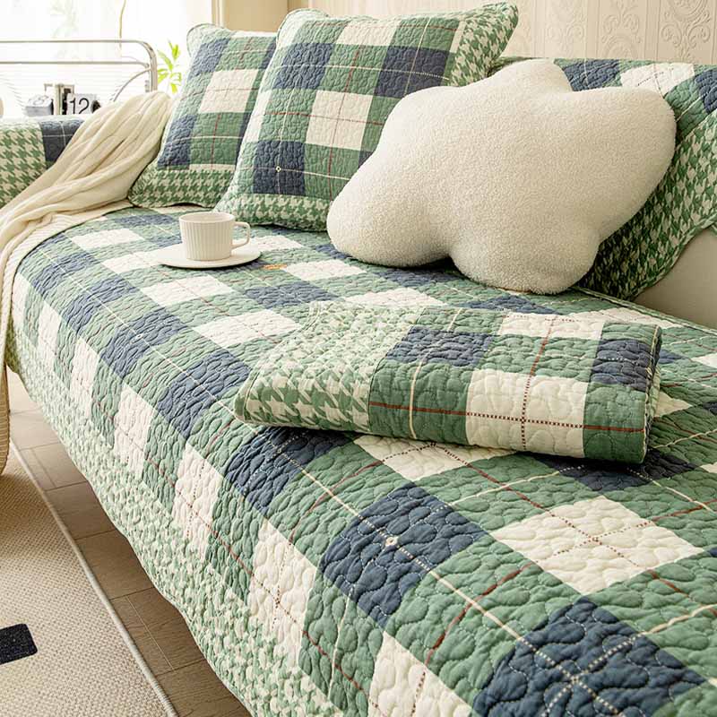 Cotton Checkered Sofa Cover Set Scratch-Resistant – Protective Cover for 1-, 2- or 3-Seater Sofa with Cushion Cover Living Room | Sansoti