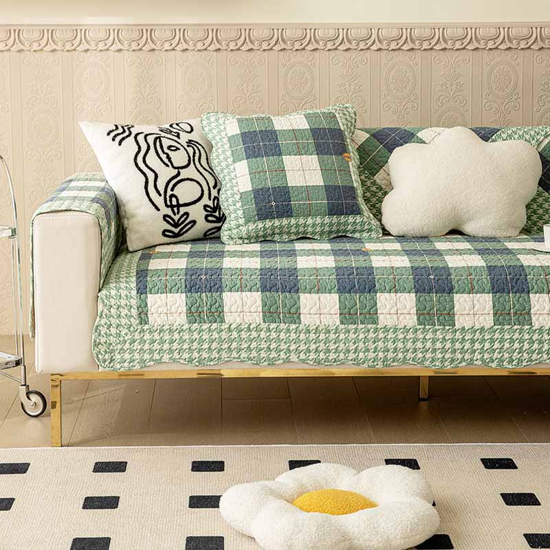 Cotton Checkered Sofa Cover Set Scratch-Resistant – Protective Cover for 1-, 2- or 3-Seater Sofa with Cushion Cover Living Room | Sansoti