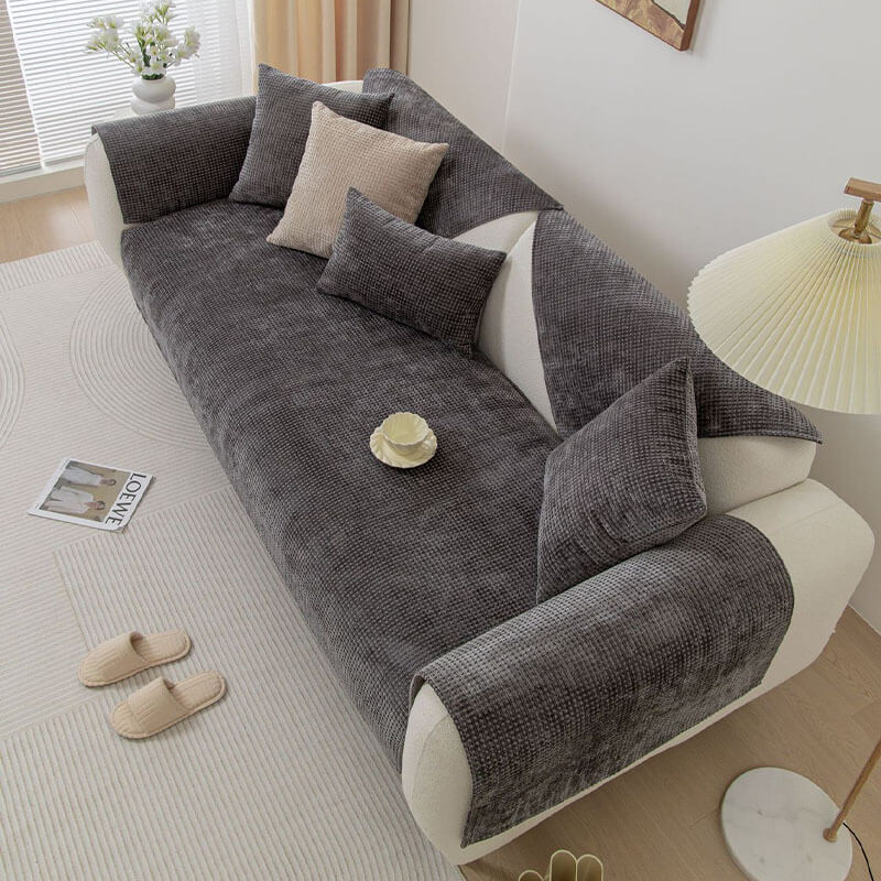 Chenille Waffle Fabric Sofa Cover Non-Slip Protection Furniture Pets Stains Green Gray Blue Beige | Sansoti