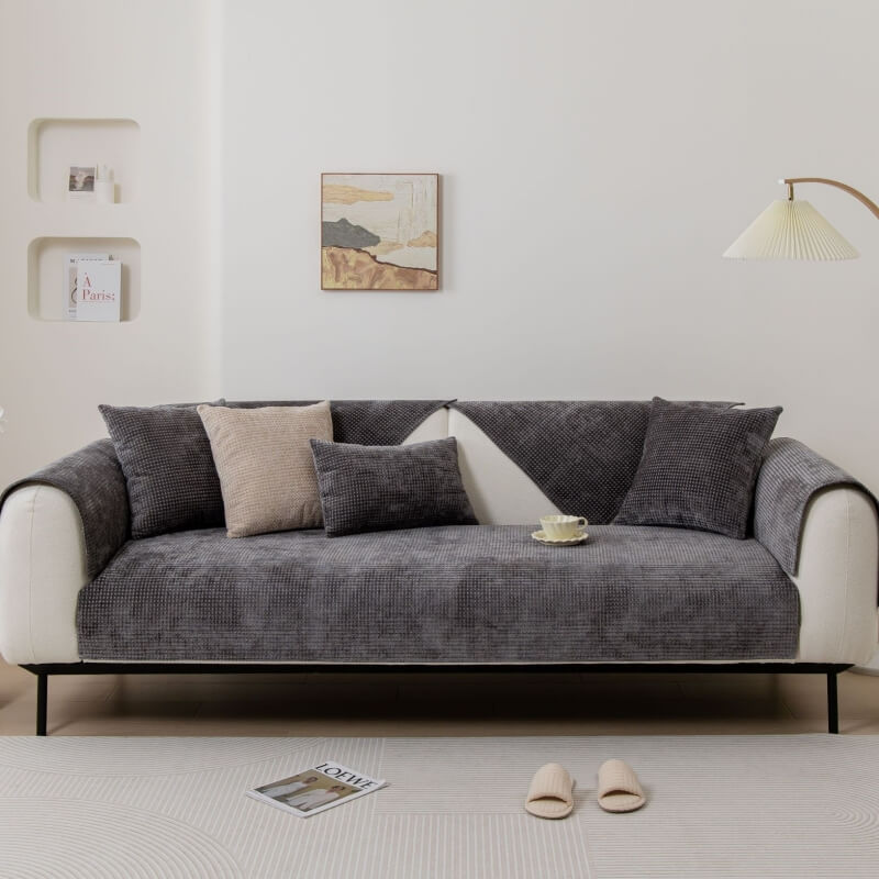 Chenille Waffle Fabric Sofa Cover Non-Slip Protection Furniture Pets Stains Green Gray Blue Beige | Sansoti