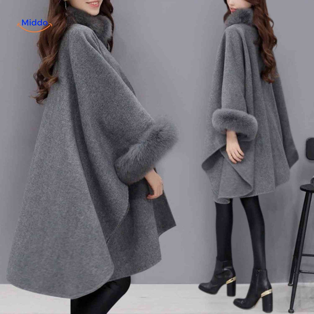 Wollen Cape met Bontkraag Dames Driekwart A-Lijn Warm Winter Herfst Elegant Poncho Overslagkledingstuk | Sansoti