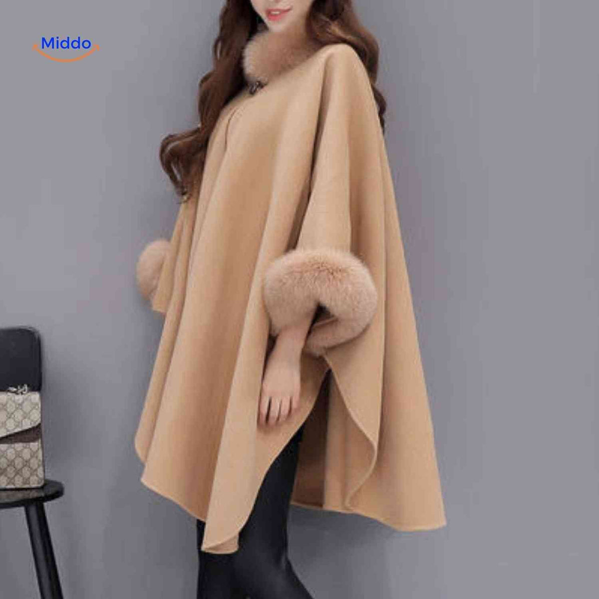 Wollen Cape met Bontkraag Dames Driekwart A-Lijn Warm Winter Herfst Elegant Poncho Overslagkledingstuk | Sansoti