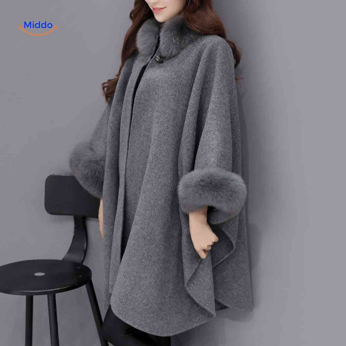 Wollen Cape met Bontkraag Dames Driekwart A-Lijn Warm Winter Herfst Elegant Poncho Overslagkledingstuk | Sansoti