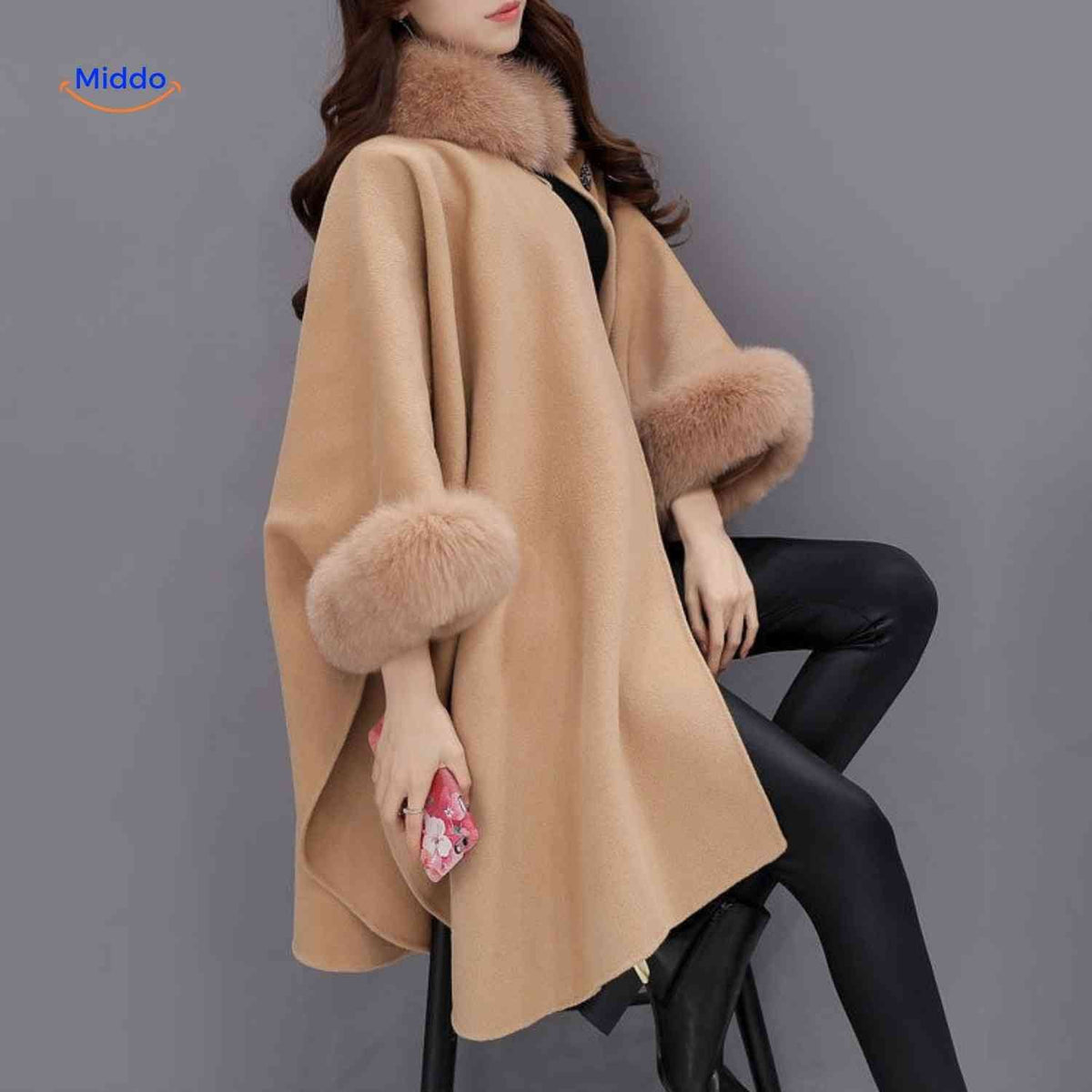 Wollen Cape met Bontkraag Dames Driekwart A-Lijn Warm Winter Herfst Elegant Poncho Overslagkledingstuk | Sansoti