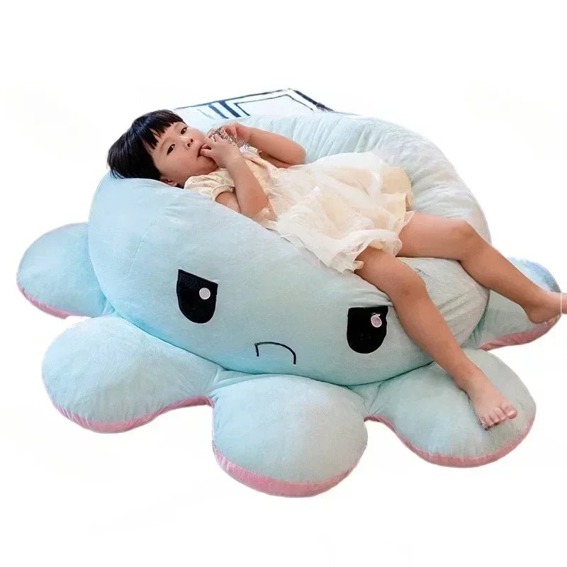 Peluche pieuvre réversible XXL 90-130cm en polyester, jouet émotionnel, décoration pour chambre d’enfant et chambre à coucher | Sansoti