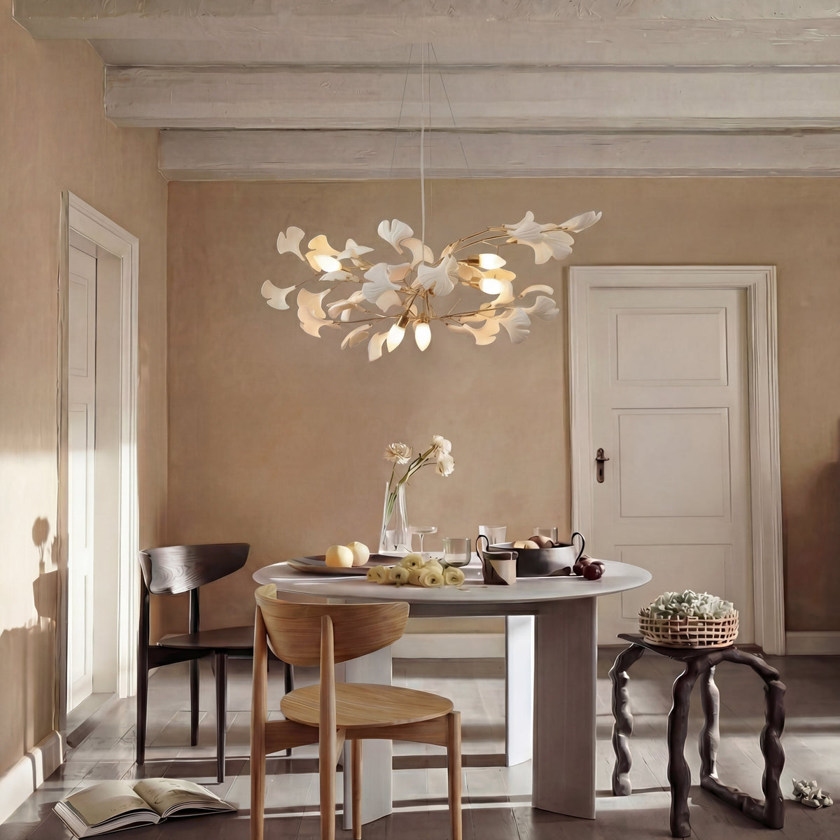 Ginkgo Leaf Ceramic LED Pendant Light with Adjustable Cord for Dining Room Living Room Modern Scandinavian Design | Sansoti