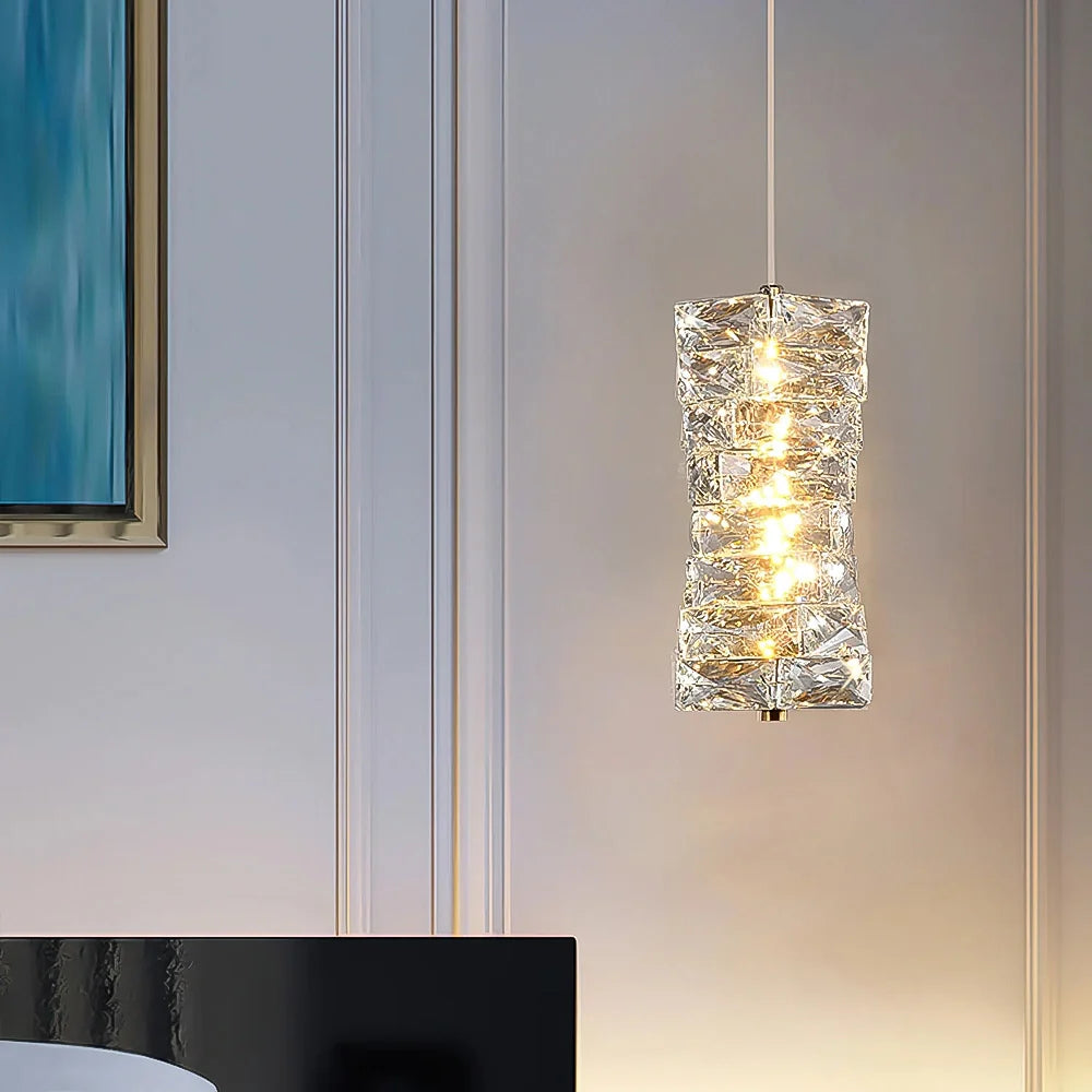 Lampa wisząca, kryształowe ułożone kostki lodu, LED, złoto i chrom, lampa nastrojowa, bar, jadalnia, nowoczesna | Sansoti