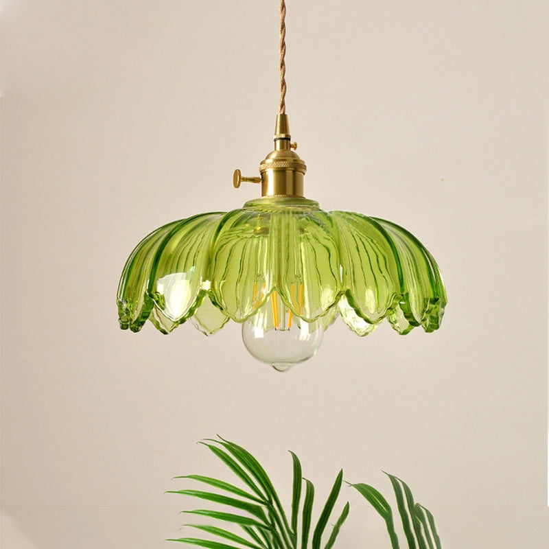 Szklana lampa wisząca Vintage w kształcie kwiatu, zielono-miedziana, 25 cm, lampa pendelowa Retro do salonu i jadalni, romantyczna | Sansoti