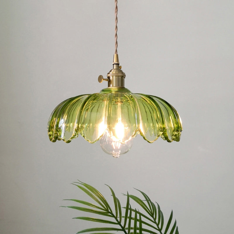 Szklana lampa wisząca Vintage w kształcie kwiatu, zielono-miedziana, 25 cm, lampa pendelowa Retro do salonu i jadalni, romantyczna | Sansoti