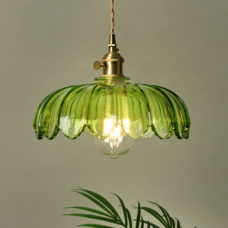 Szklana lampa wisząca Vintage w kształcie kwiatu, zielono-miedziana, 25 cm, lampa pendelowa Retro do salonu i jadalni, romantyczna | Sansoti