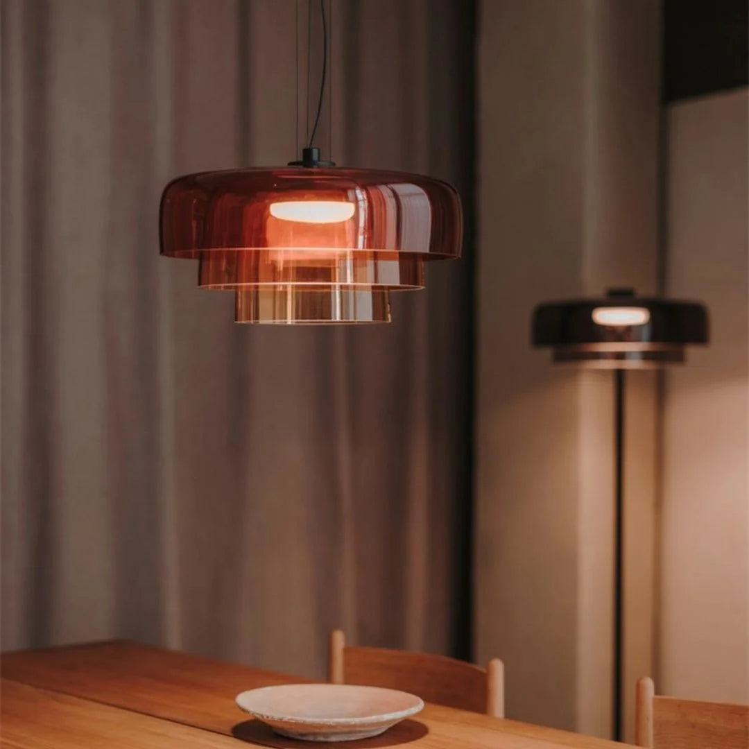 Lampa wisząca szklana, design nordycki, warstwowa, 1, 2 lub 3 poziomy, pomarańczowy, zielony, szary, jadalnia, kuchnia, salon, lampa pendelowa, ciepłe światło LED, regulowana