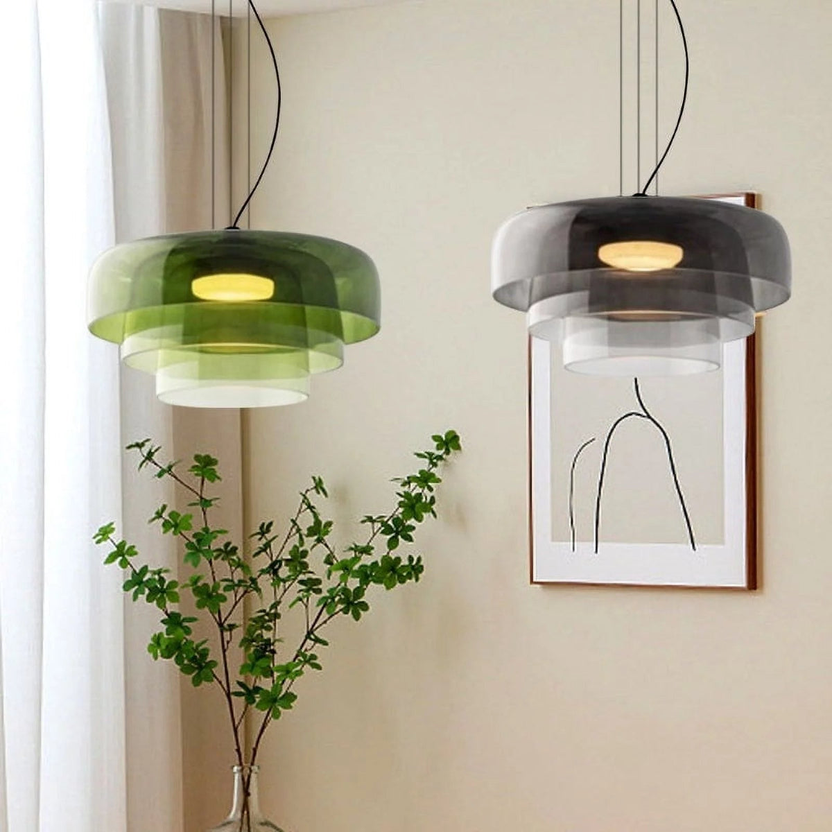 Lampa wisząca szklana, design nordycki, warstwowa, 1, 2 lub 3 poziomy, pomarańczowy, zielony, szary, jadalnia, kuchnia, salon, lampa pendelowa, ciepłe światło LED, regulowana