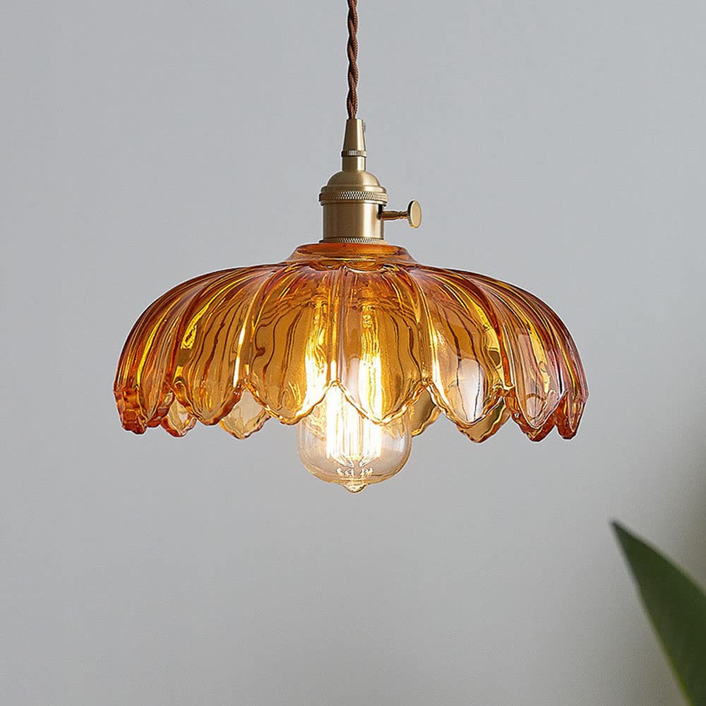 Szklana lampa wisząca Vintage w kształcie kwiatu, zielono-miedziana, 25 cm, lampa pendelowa Retro do salonu i jadalni, romantyczna | Sansoti
