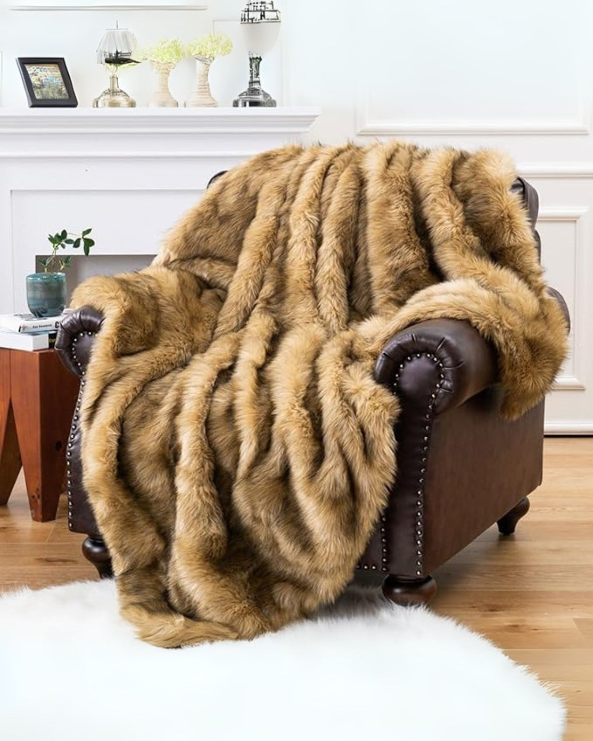 Kunstfell Plaid 127x152cm oder 150x200cm Weiß Braun Grau Gold Skandinavisches Wohnzimmer Schlafzimmer Dekorativ Luxus Weiches Textil Premium Wohndecke | Sansoti