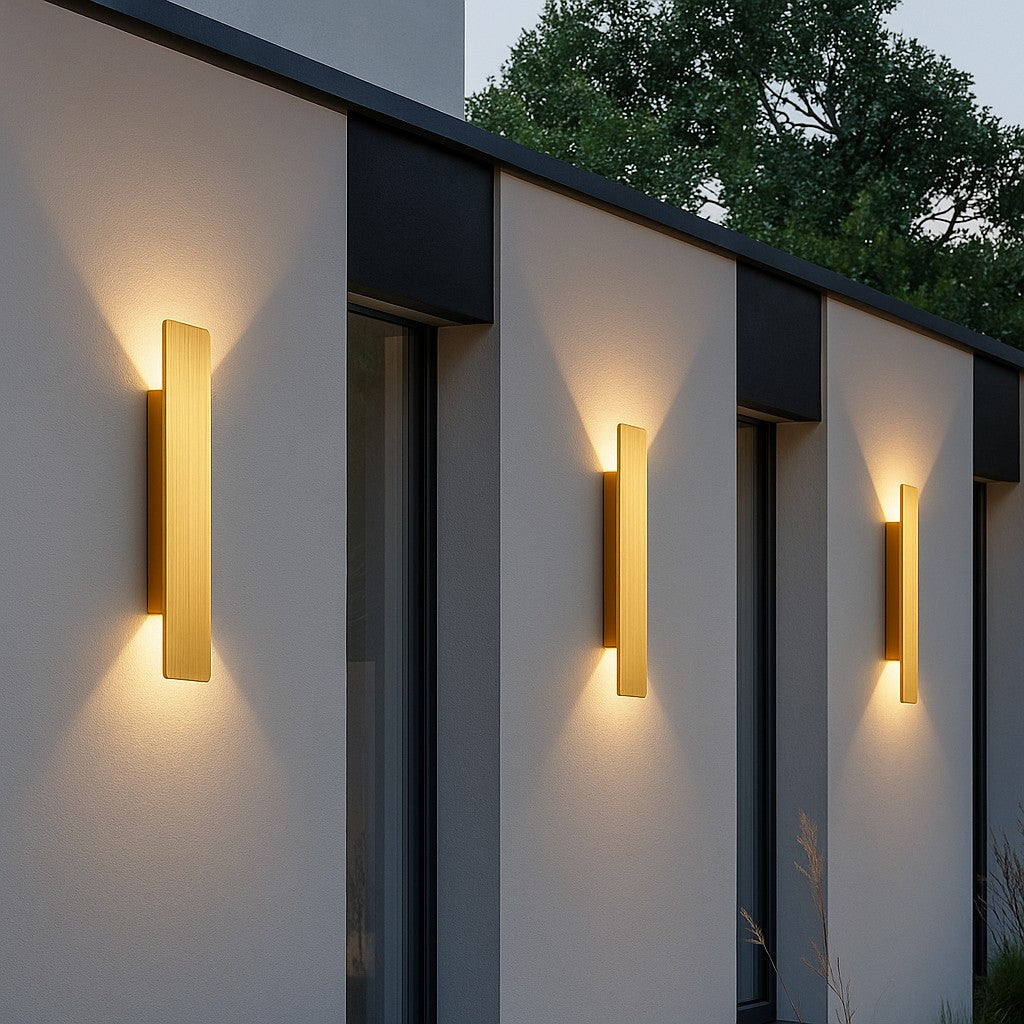 Lampe extérieure pour porte d’entrée, applique murale LED, aluminium doré, étanche, 20-60 cm, blanc chaud, façade moderne | Sansoti