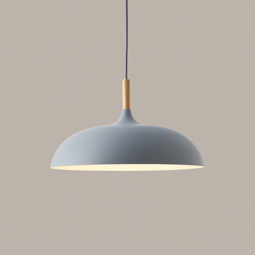 Pastelowa lampa wisząca z aluminium i drewna, retro, kopuła, kula E27, pokój dziecięcy, salon | Sansoti