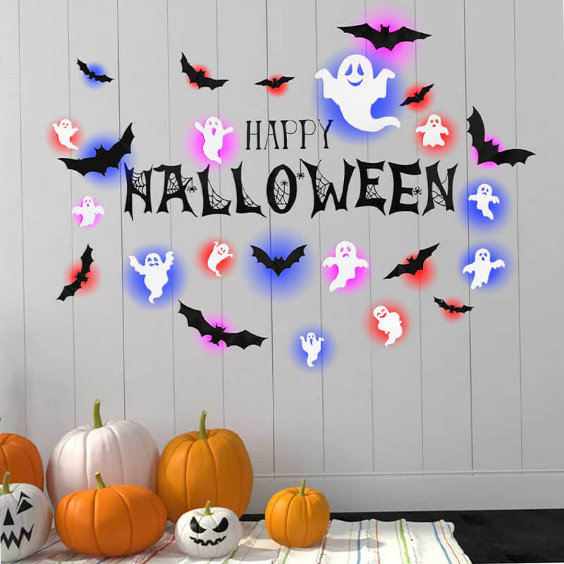 Illuminated Wall Decoration Set, 104-Piece, Bats, Spiders, Ghosts, Halloween Scary Party, Holidays, Home Décor | Sansoti