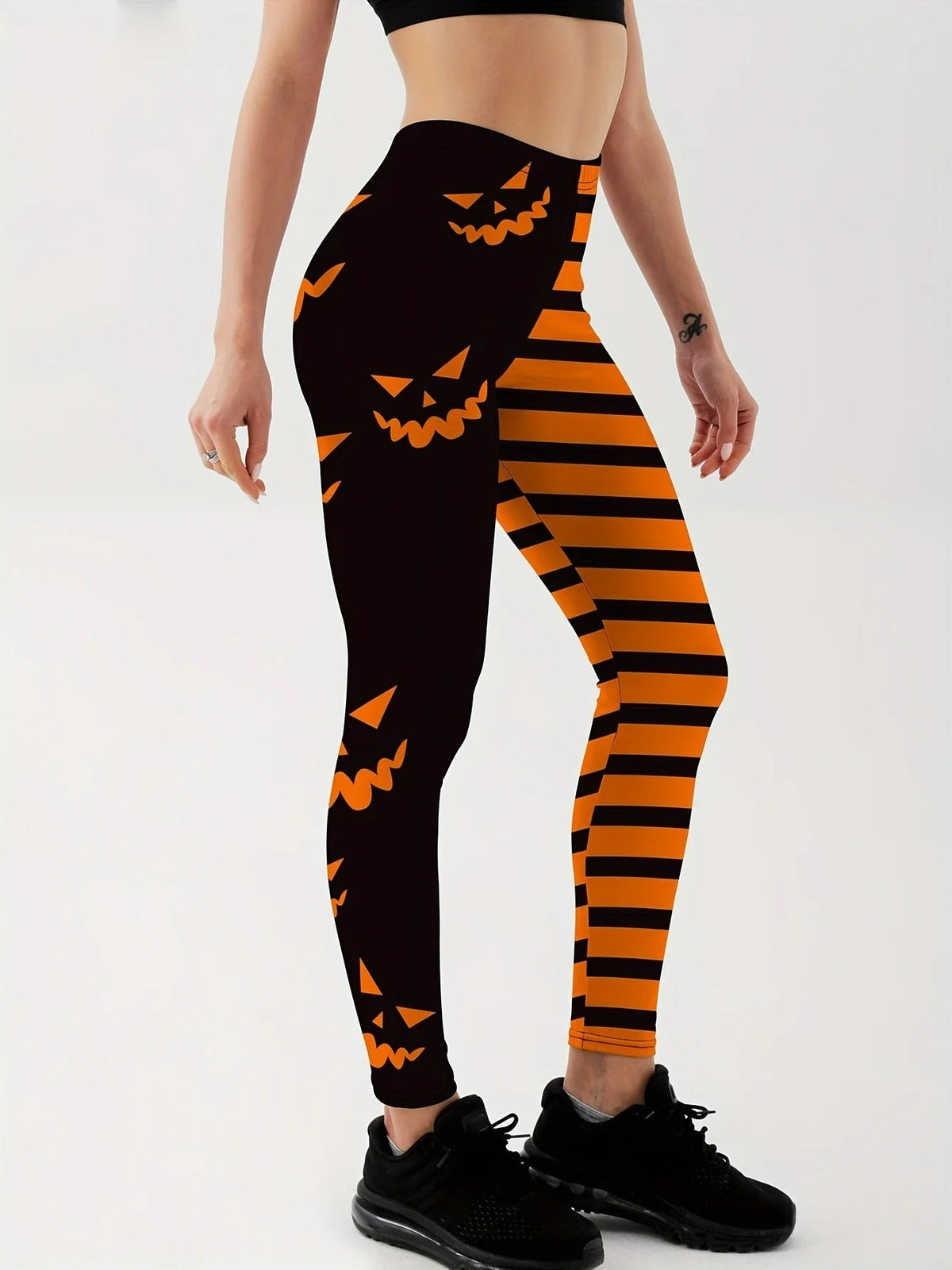 High-Waisted Sports Leggings Pumpkin Pattern Polyester Halloween Yoga Fitness Running Women's Workout Gym Training | Sansoti