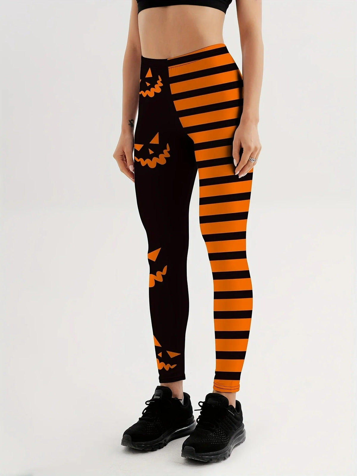 High-Waisted Sports Leggings Pumpkin Pattern Polyester Halloween Yoga Fitness Running Women's Workout Gym Training | Sansoti