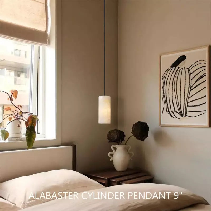 Cilindervormige Hanglamp Natuursteen Handgesneden Alabaster Metaal E26 Warm Licht Eetkamer Slaapkamer | Sansoti
