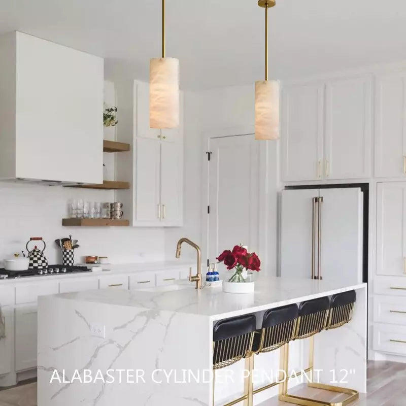 Cilindervormige Hanglamp Natuursteen Handgesneden Alabaster Metaal E26 Warm Licht Eetkamer Slaapkamer | Sansoti