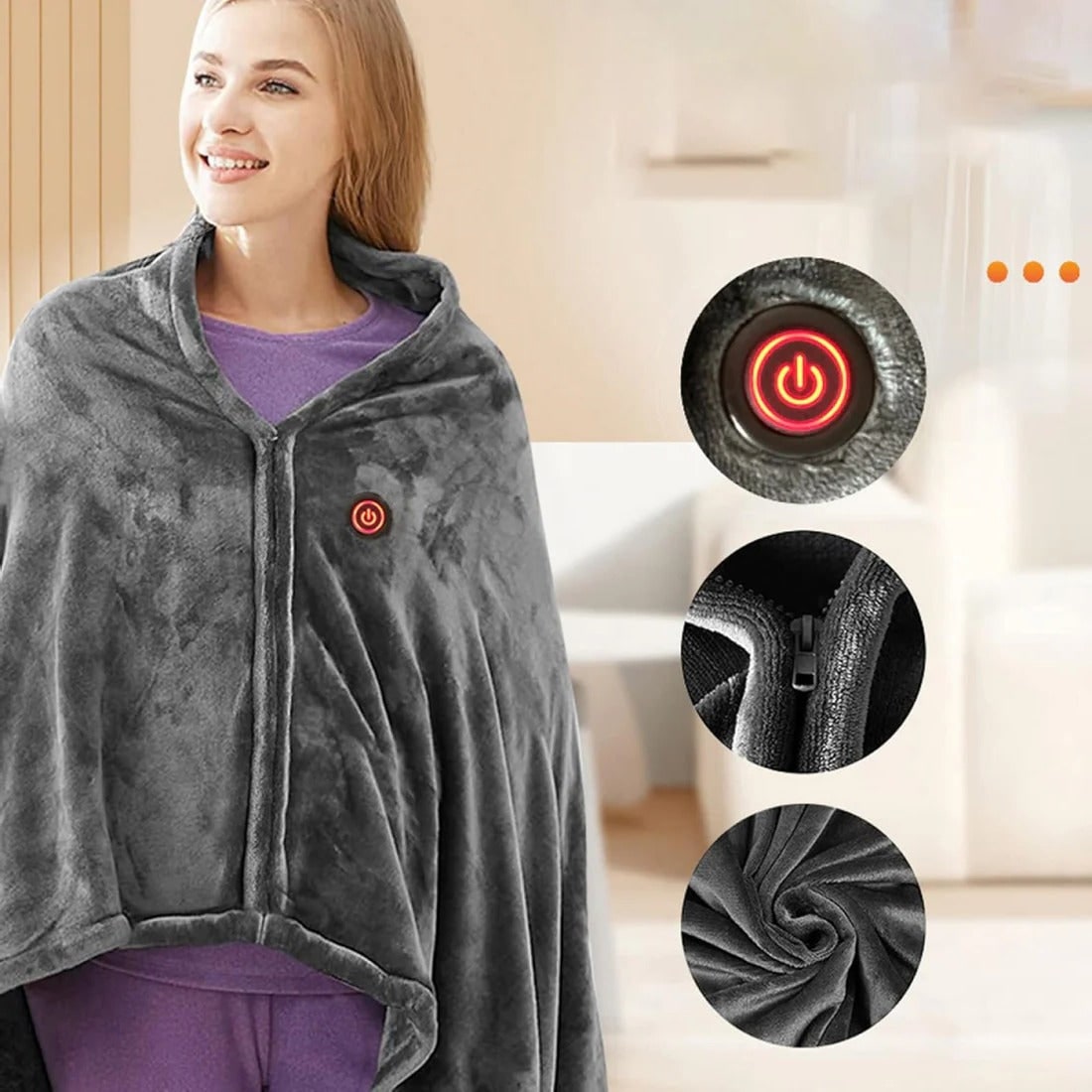 Heated Fleece Cape with Zipper, USB Connection, Portable, Dark Gray, Soft Blanket Poncho Wrap | Sansoti