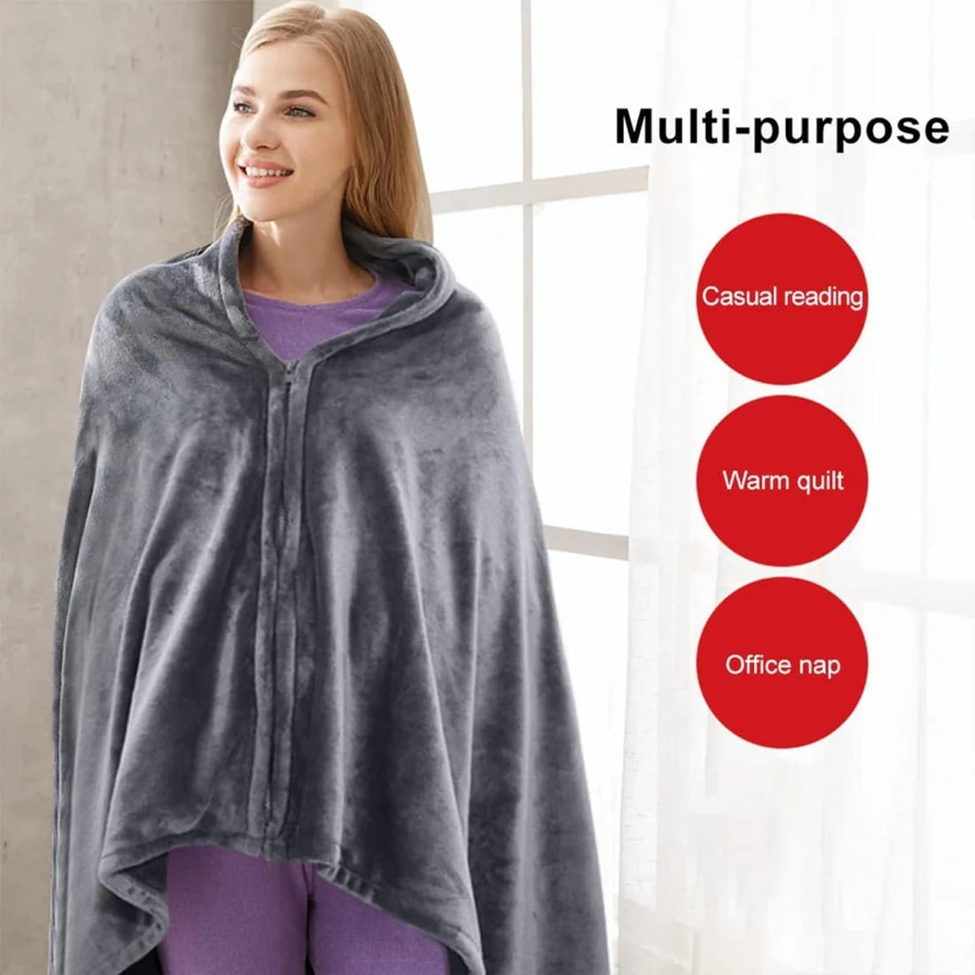 Heated Fleece Cape with Zipper, USB Connection, Portable, Dark Gray, Soft Blanket Poncho Wrap | Sansoti