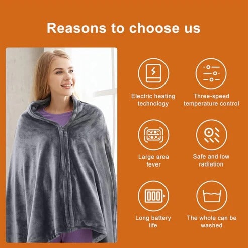 Heated Fleece Cape with Zipper, USB Connection, Portable, Dark Gray, Soft Blanket Poncho Wrap | Sansoti