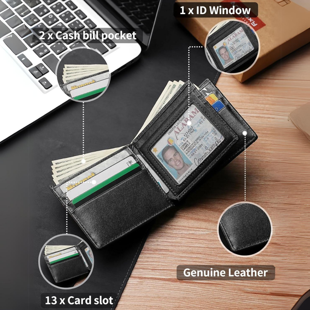 Bifold Leren Portemonnee RFID Bescherming Heren 13 Kaarten Veiligheidstechnologie Slim Design Compact Formaat | Sansoti